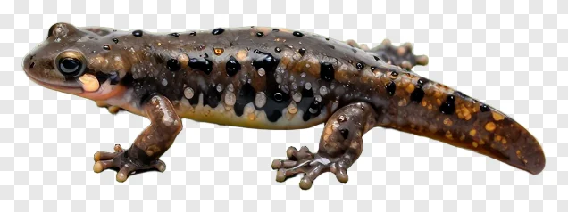 A spotted newt on a wet surface.