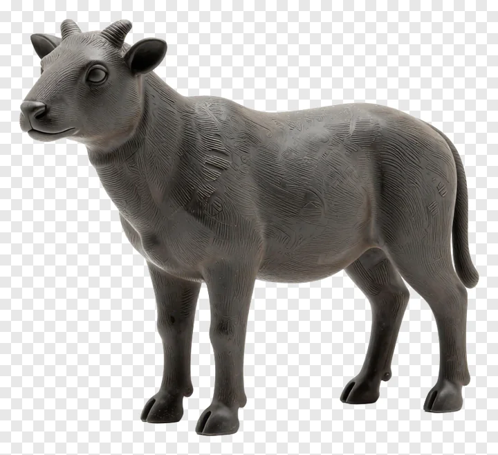 Bronze bull statue with engraved patterns, standing in profile.