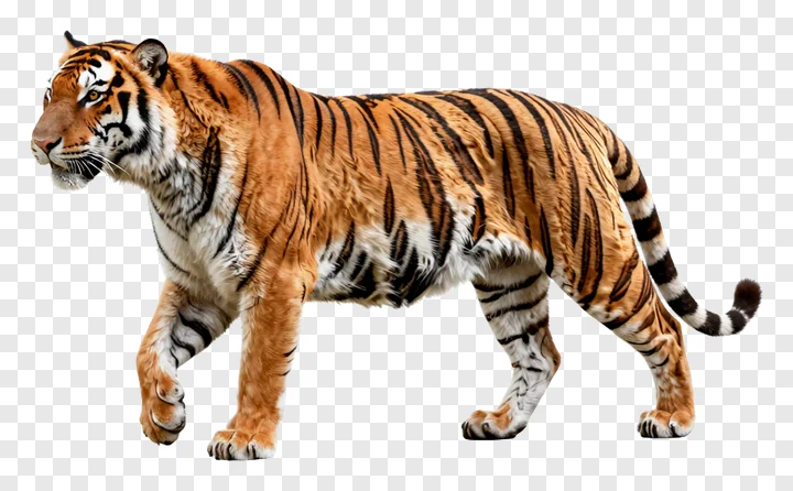A tiger walking in profile with stripes visible.