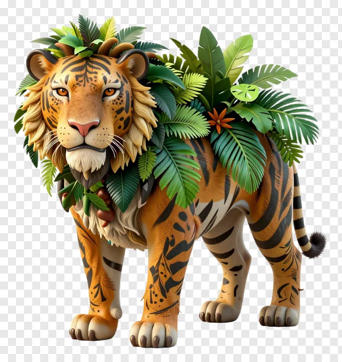 A tiger decorated with tropical leaves and flowers.