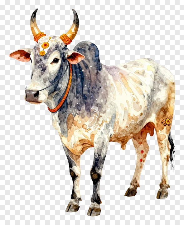 A watercolor decorated cow for Mattu Pongal.