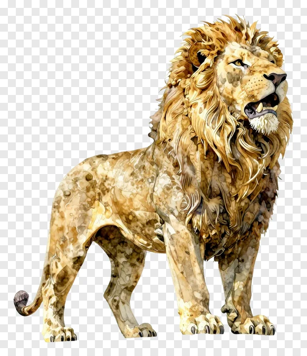 A watercolor-style roaring lion statue.