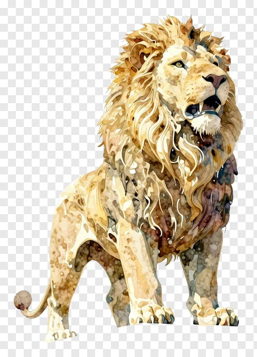 A watercolor-style lion statue roaring with a full mane.