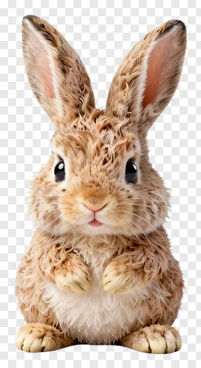A wet, furry Easter bunny sitting upright.