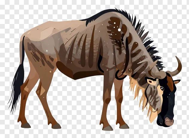A wildebeest eating grass in an open plain.