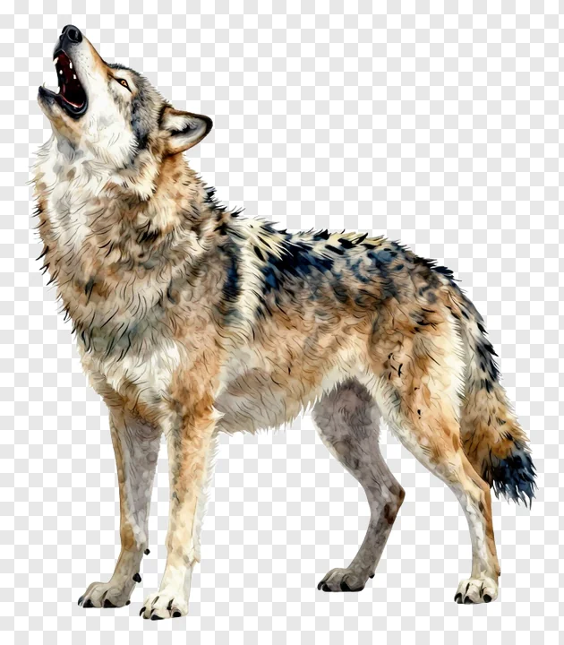 A wolf howling with its head tilted upward.
