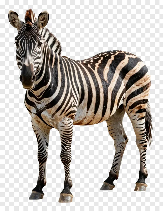 A zebra with black and white stripes standing on a white background.