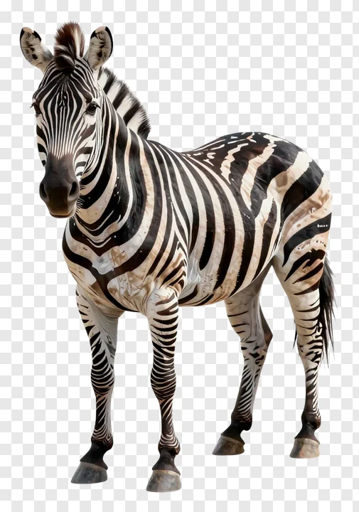 A zebra with a classic black and white striped pattern.