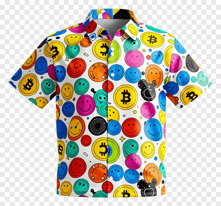 Colorful shirt with Bitcoin and smiley face patterns.