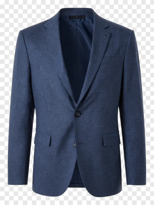 Blue patterned suit jacket with two buttons and flap pockets.
