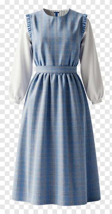 A blue plaid dress with white sleeves and ruffles.