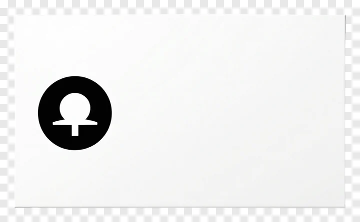 A white business card with a black circular symbol.