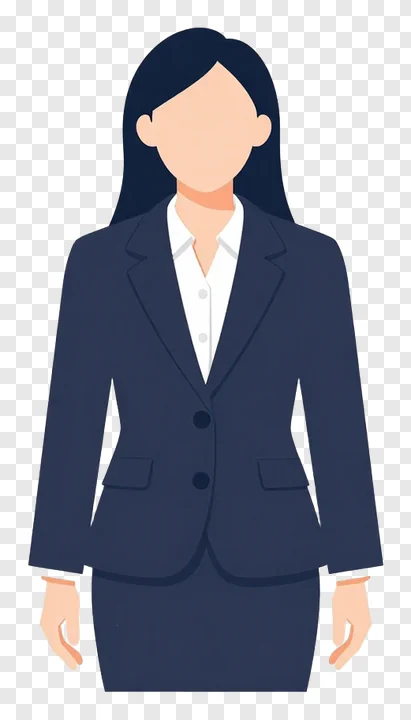 Business lady wearing a dark suit and white shirt.