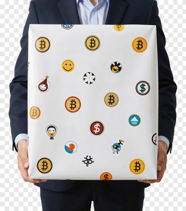 A person holding a gift-wrapped box with financial symbols.