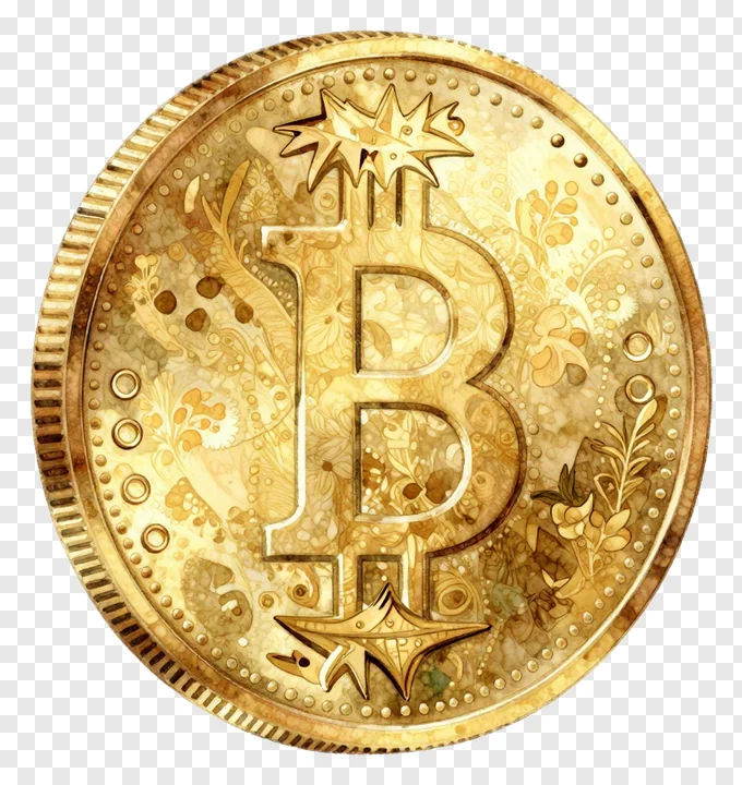 A golden coin with a Bitcoin symbol and decorative elements.