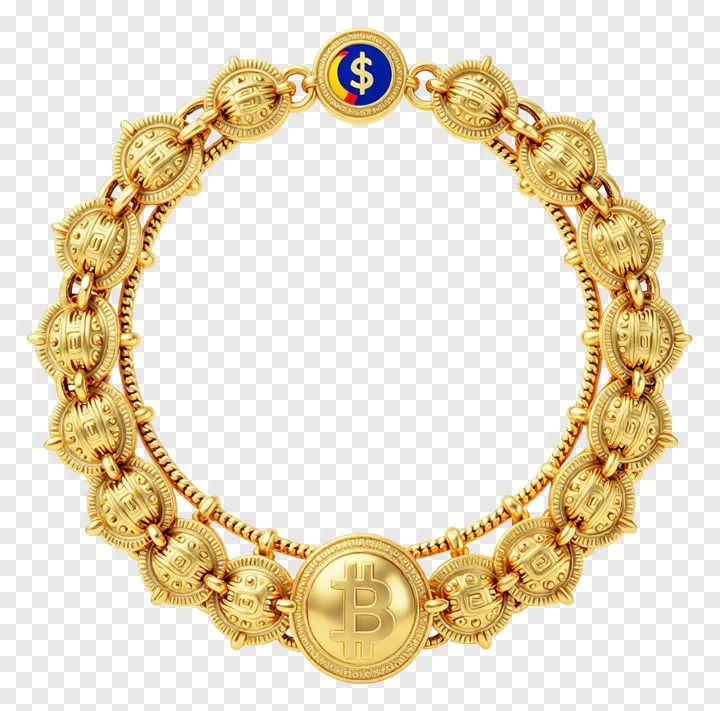 A gold bracelet with coin links and currency symbols.