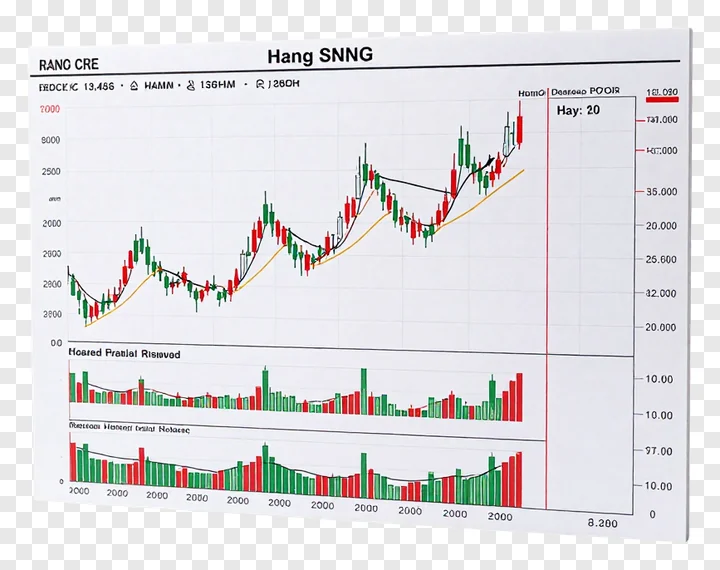 Stock market graph for Hang Seng index with candles, trend lines, and volume data.