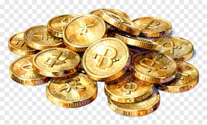 Pile of shiny gold coins with crypto logos.