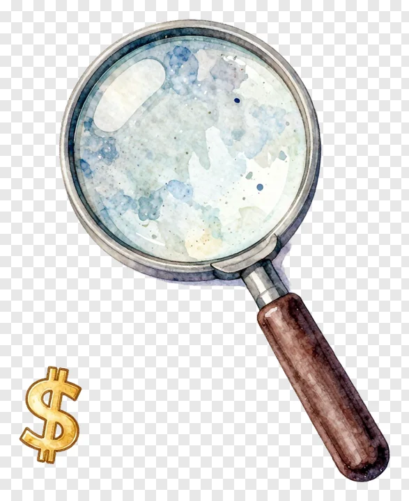 Magnifying glass with dust and a dollar sign.