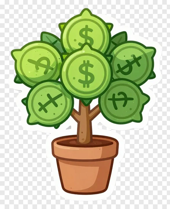 Potted tree with coin-shaped leaves showing dollar symbols.