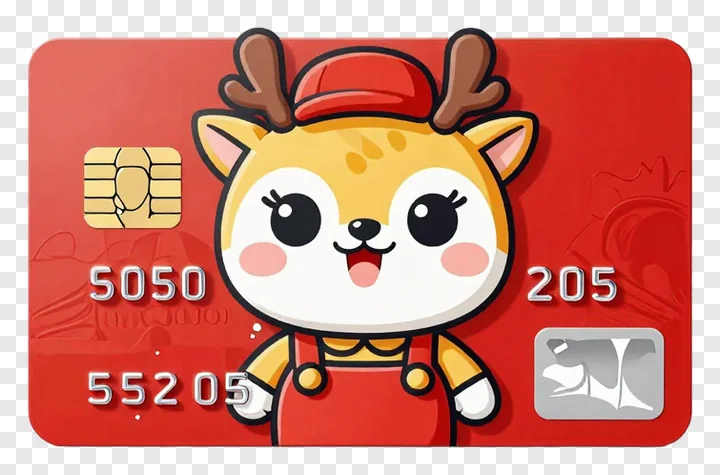 Credit card with cute deer mascot in red outfit.
