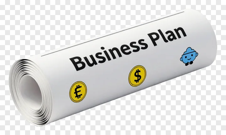 Rolled business plan with money icons and a cartoon character.