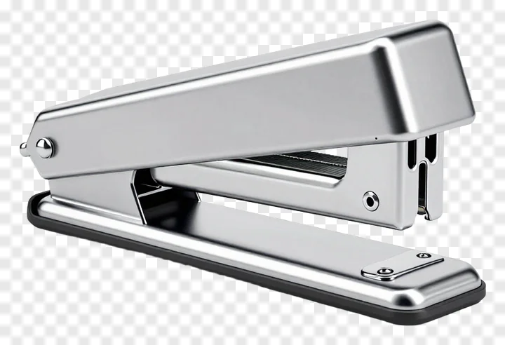 A silver metal stapler with black base.