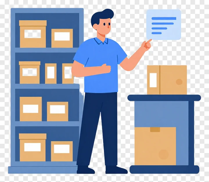 Man checking inventory with checklist near storage shelves.