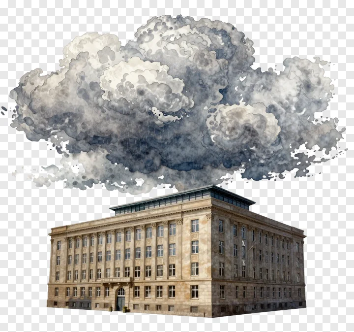 A building with a stormy sky above it.