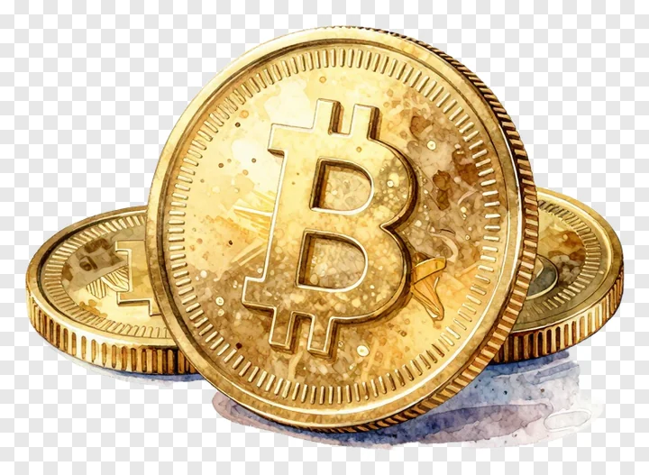 Three watercolor-style Bitcoin coins stacked together.