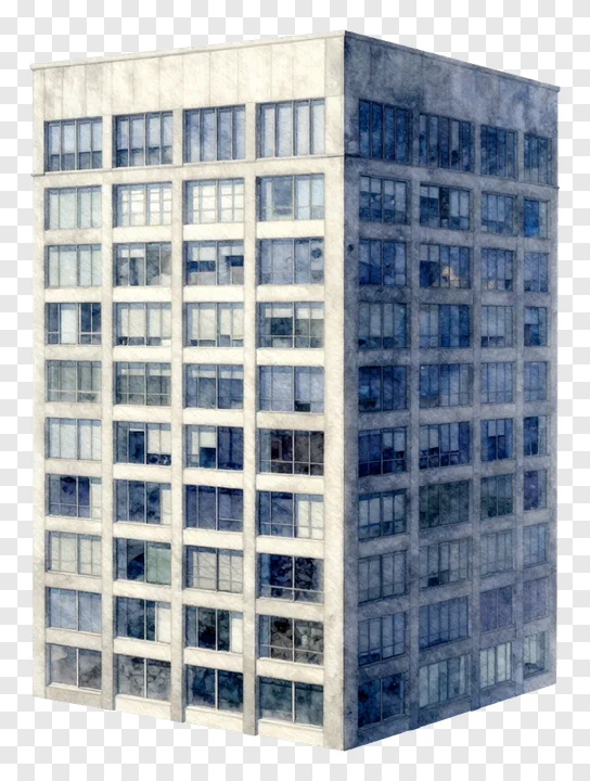 Watercolor illustration of an office building with blue-tinted windows.