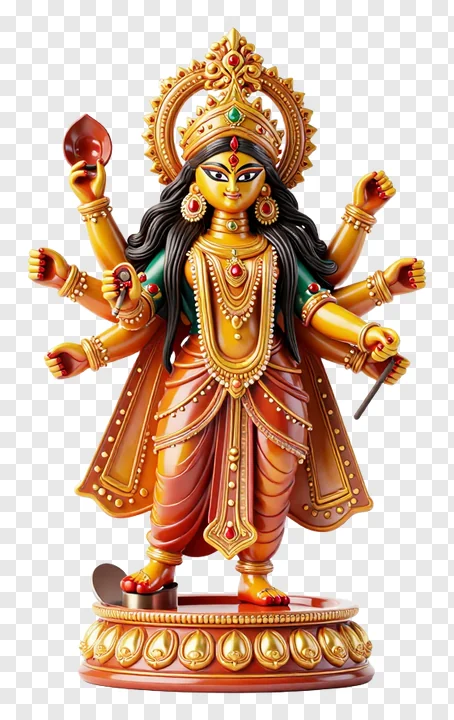 Statue of Goddess Durga with multiple arms and jewelry.