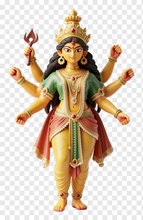 Golden Durga statue holding a trishul.