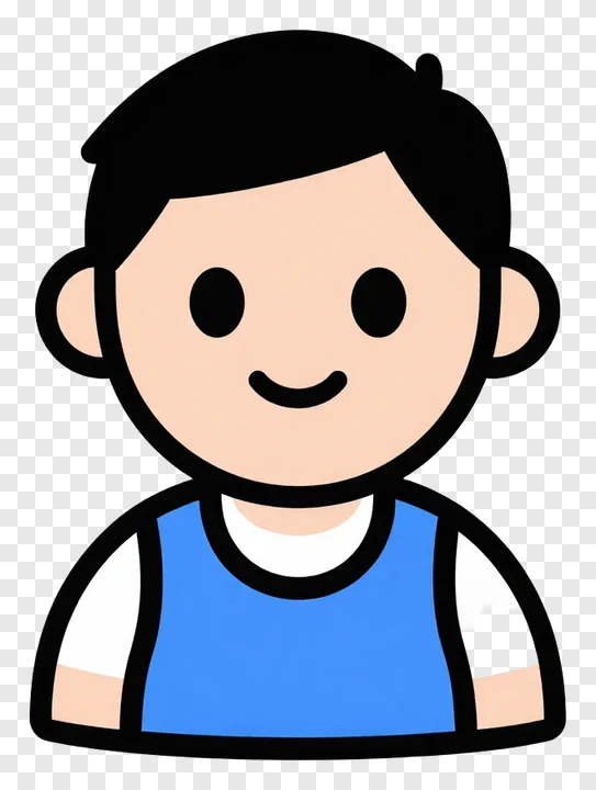 Cartoon character with black hair and blue top.
