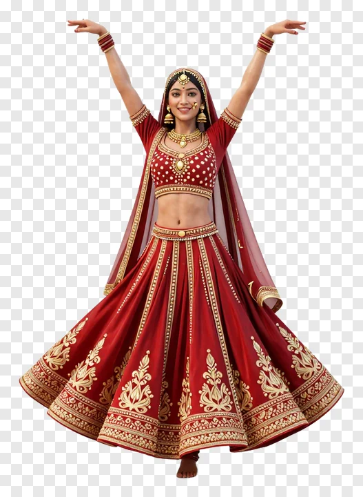 A woman dancing garba in a red lehenga with arms raised.