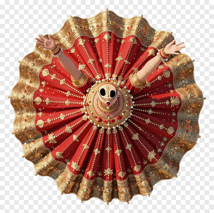 Overhead view of a 3D rendered garba dancer wearing a detailed red and gold costume.