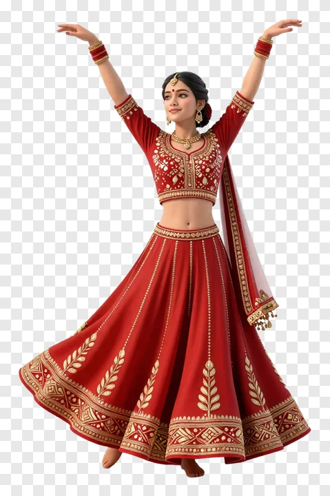 A 3D dancer in a red lehenga with arms raised.