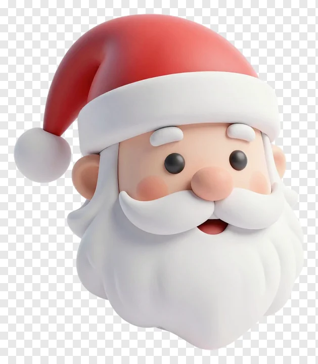 A 3D rendered Santa Claus head wearing a red hat.