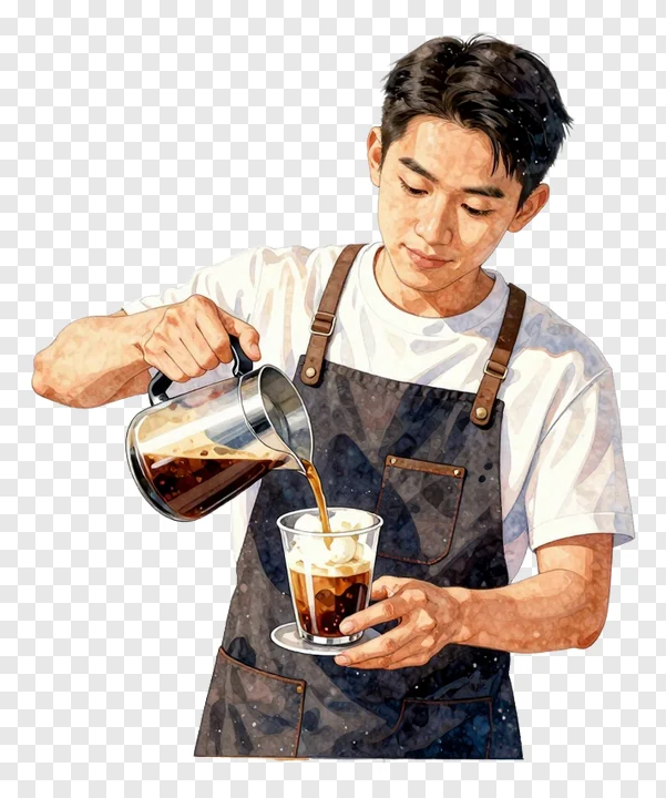 Young man pouring dark coffee from pitcher into cup with foam.