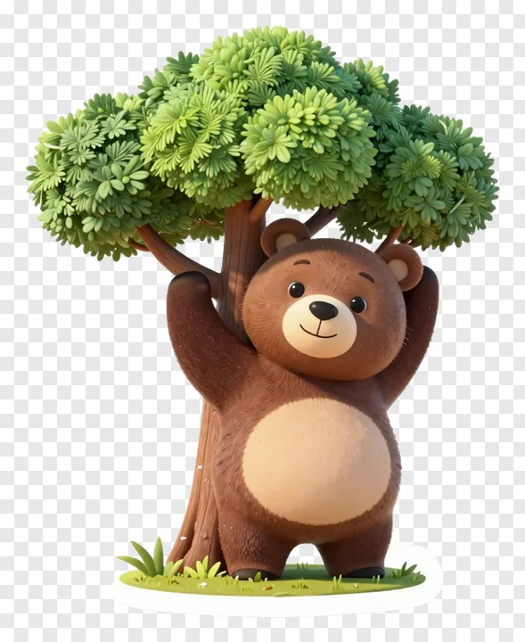 A cartoon bear cub holding a tree.