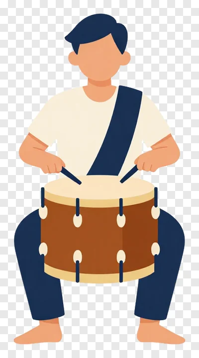 A person sitting and playing a dhaki drum.