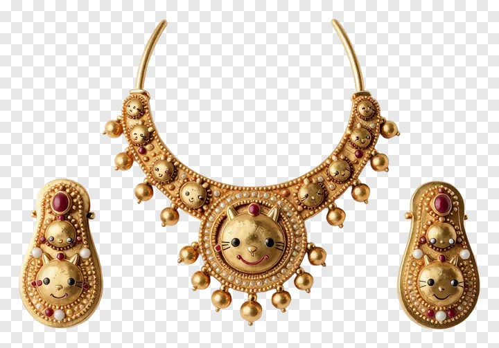 Gold jewelry set with cat faces and gemstones.