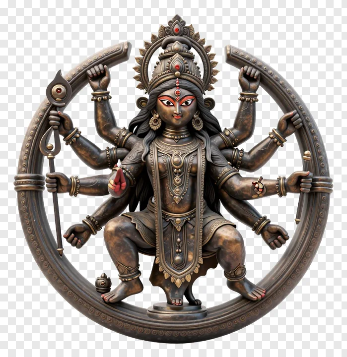 Black bronze statue of Durga with eight arms and a circular halo.