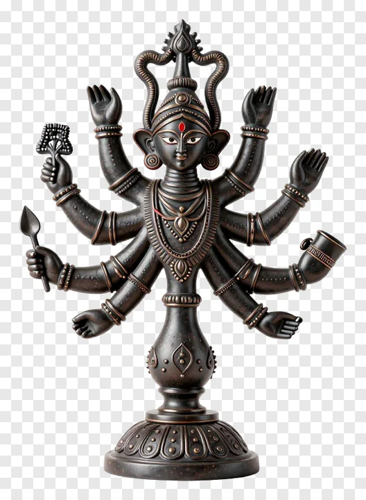 Black bronze statue of Durga with eight arms.