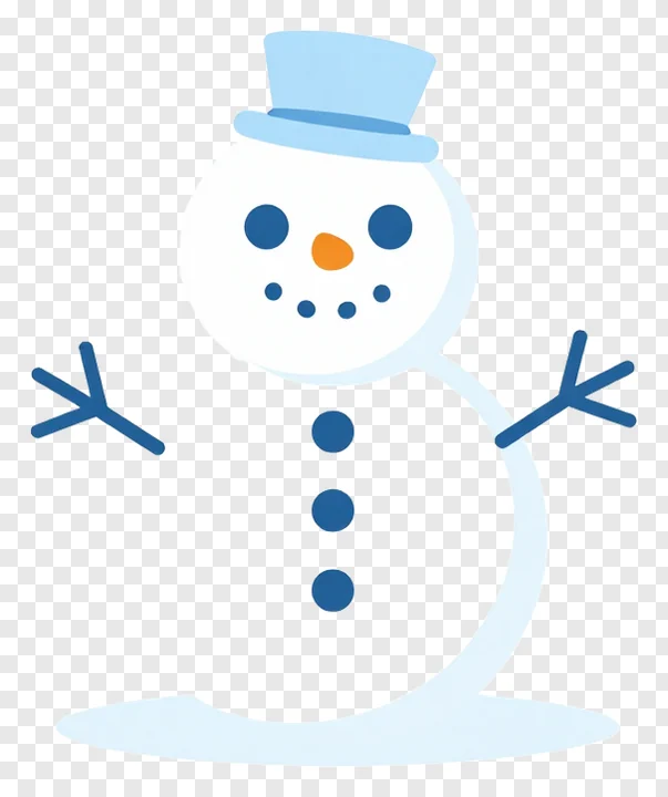 Snowman wearing a blue top hat and orange nose.