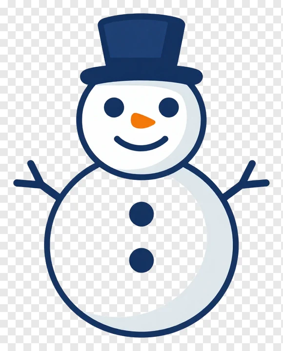 A snowman with a blue hat and orange nose.