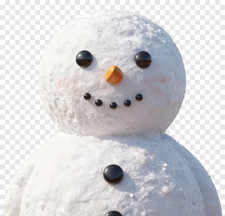 A snowman with textured snow surface and black buttons.