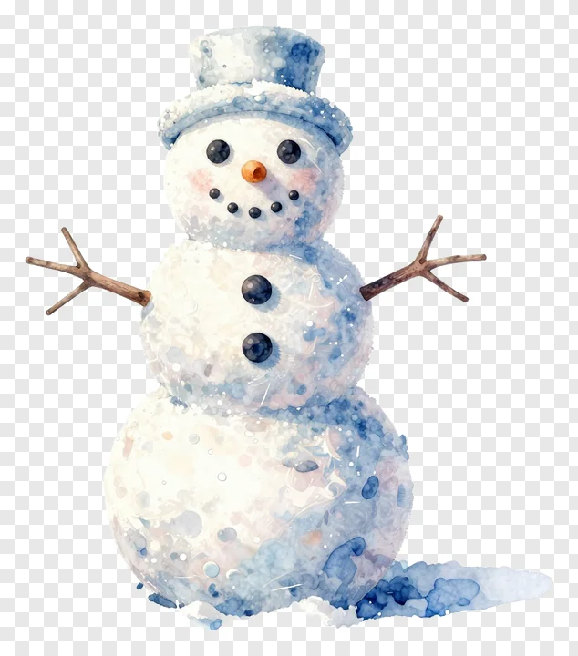 A watercolor snowman wearing a blue hat and twig arms.