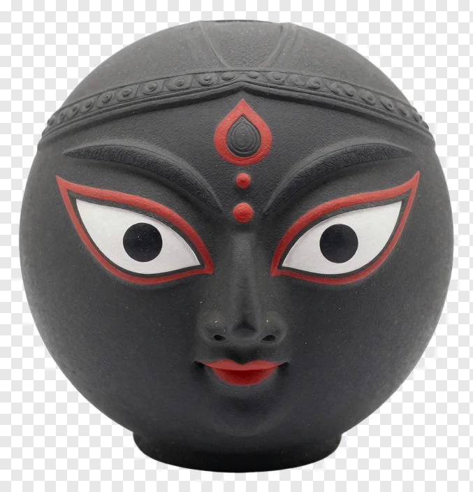 Black Durga face with red eye outlines and bindi.