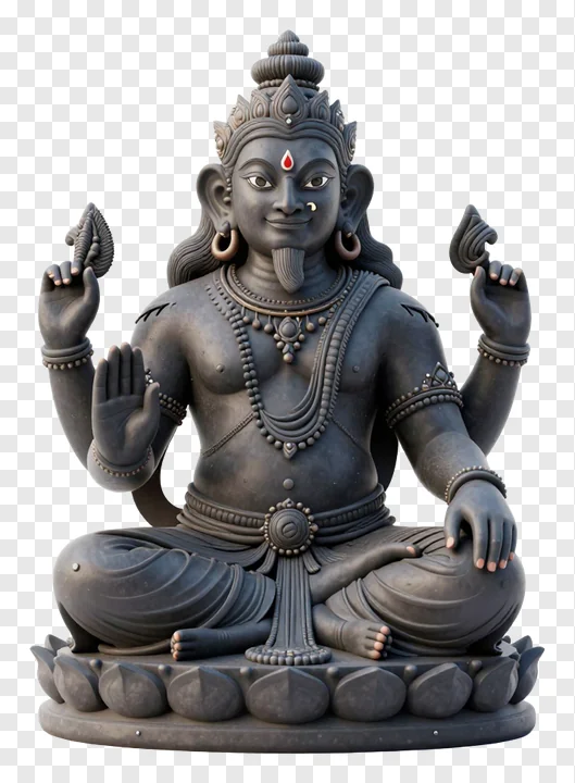 Statue of Ravana seated in meditation pose on a lotus pedestal.